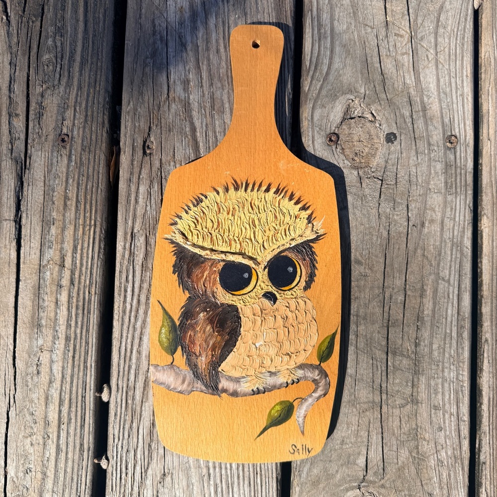 Vintage 1970s Hand Painted Owls Wooden Paddle